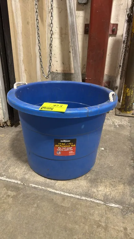 United Solutions 19-gallon all-purpose poly tub. Features blue molded plastic construction with dual white rope carry handles.