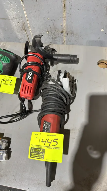 Skil and Flex electric angle grinders. Includes (1) Skil corded angle grinder with side handle and wheel guard, and (1) Flex corded angle grinder with