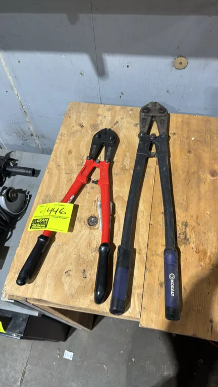 Kobalt and assorted bolt cutters. Includes 18" and 24" sizes. Features forged steel jaws, tubular steel handles, and comfort grips.
