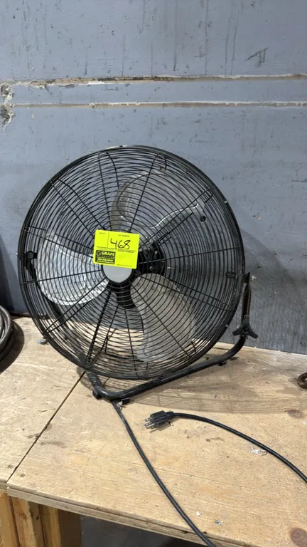 20" metal floor fan. Features 3 metal blades, wire safety guard, and adjustable tilt. Mounted on a tubular metal floor stand. Electrical: 120V.