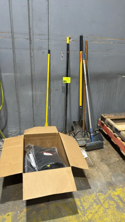 Maintenance tools and storm drain filters package lot. Includes a box of Uline H-9698 frameless storm drain filters, assorted brooms, floor squeegee,