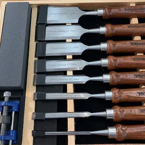 IMOTECHOM 8-piece wood chisel set. Features chrome vanadium steel blades, wooden handles with metal strike caps, and protective edge covers. Includes 
