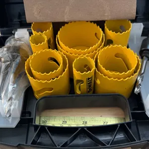 DeWalt hole saw kit. Includes assorted hole saw cups and arbors with pilot drill bits. Housed in a molded plastic carry case with metal latches.