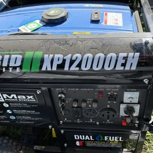 DuroMax XP12000EH dual-fuel portable generator. Features electric start with key switch, dual-fuel operation for gasoline or liquid propane, analog vo