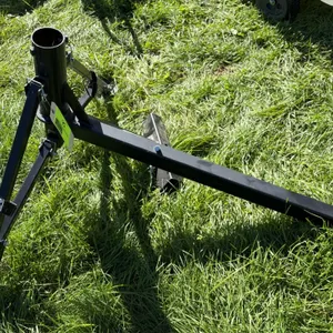 Adjustable metal tripod bracket stand. Features black painted steel construction, central vertical tube receiver, and folding support legs with foot p