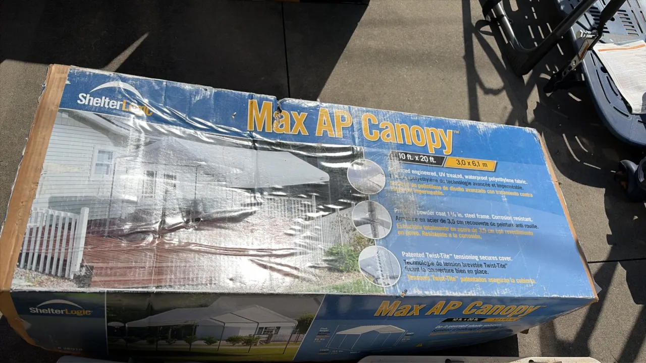 ShelterLogic 26019 Max AP canopy. Features white UV-treated waterproof polyethylene fabric cover and 1-3/8" powder-coated steel frame with Twist-Tite