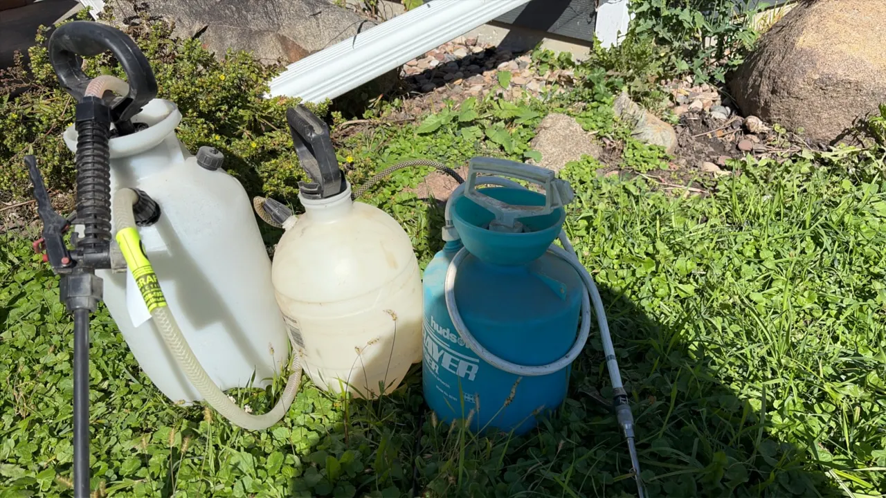 Assorted manual compression pump sprayers. Includes (1) Hudson tank sprayer and (2) plastic tank sprayers. Features built-in hand pumps, flexible deli