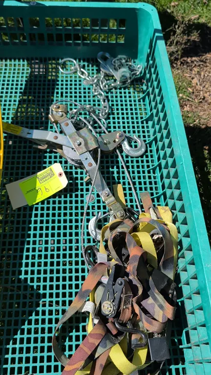 Cable puller come-along with chain and ratchet straps. Includes manual ratchet cable puller hoist with steel cable and forged hooks, steel link chain