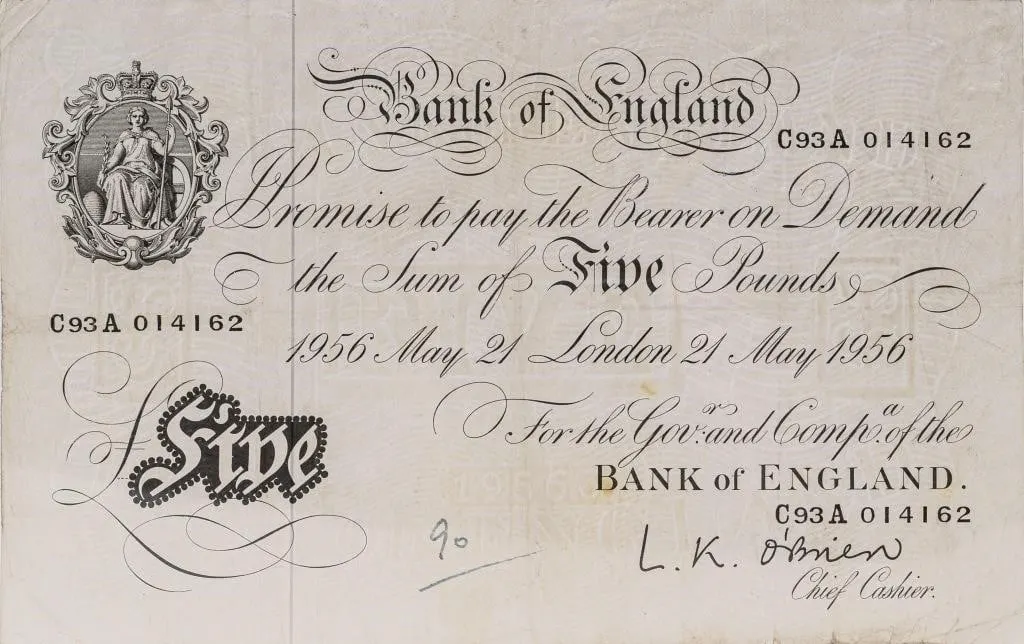 1956 BANK OF ENGLAND WHITE FIVER �5 NOTE