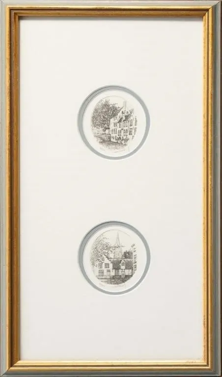 PAIR OF BRUGES SCENES MINIATURE OVAL ETCHINGS