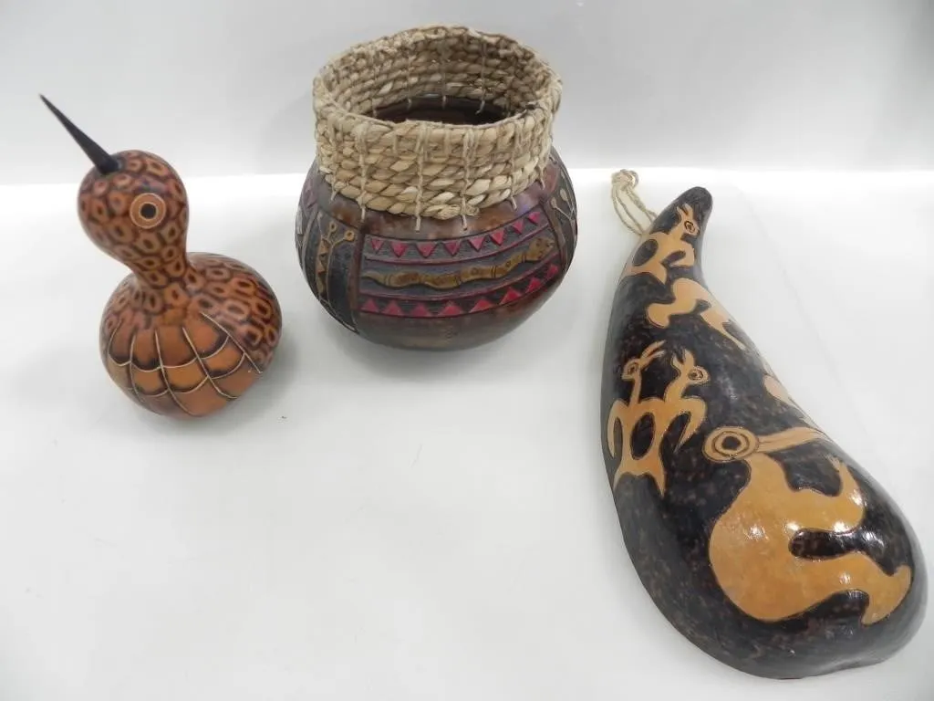 HANDMADE GOURD RATTLE, POT, BIRD