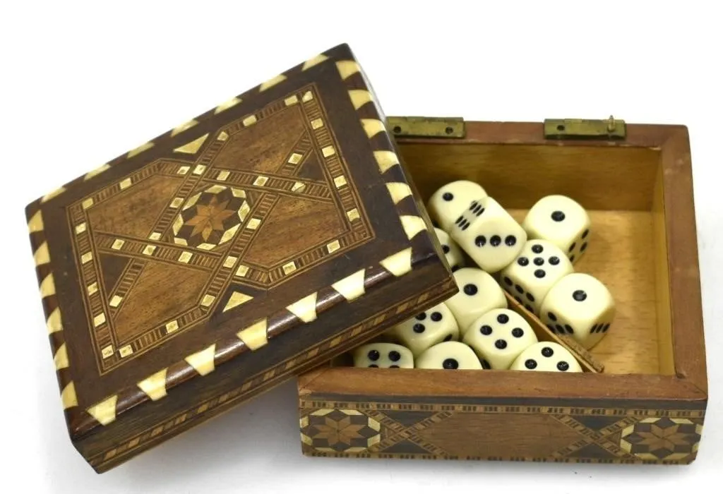WOOD INLAID BOX & EARLY DICE
