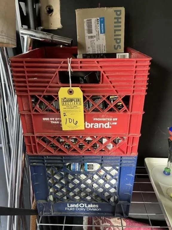 MILK CRATES OF ASSORTED 2-PIN LIGHT BULBS, 4-PIN L