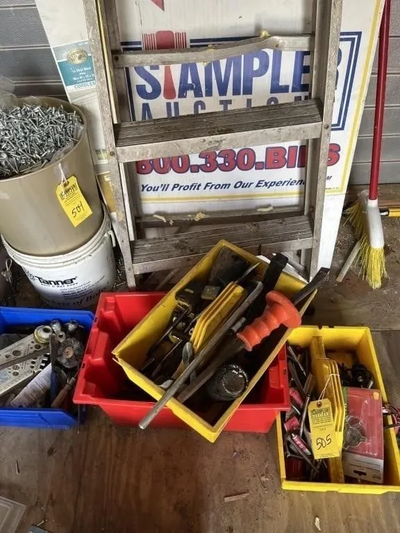 STORAGE BOXES ASSORTED TOOLS - HAMMER, TAPE MEASUR