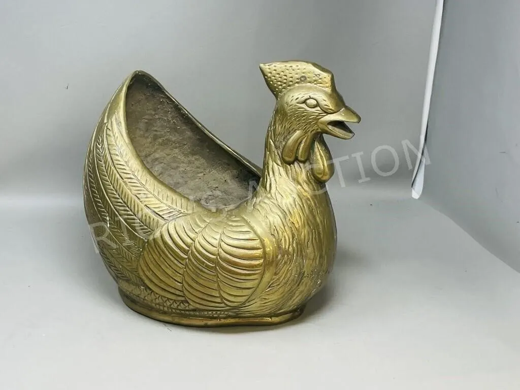 heavy brass rooster planter - 10" h x 11" long
