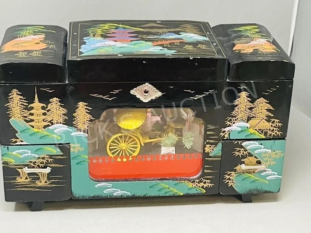 multi drawer Asian theme jewelry box & contents