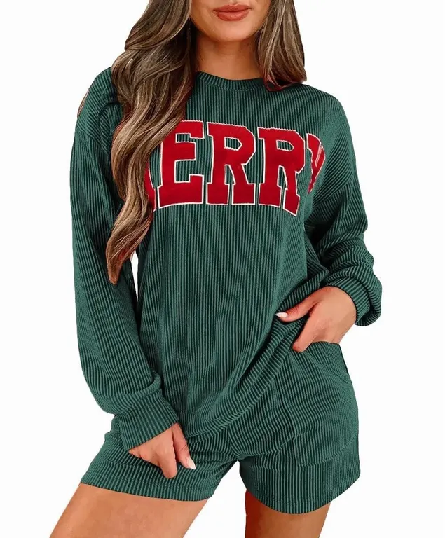 Opemiby 2 Piece Ribbed Pajama Set Green XL