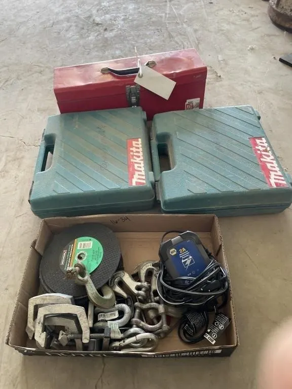 Red Tool Box Of Assorted Tools, Makita 4304 Jigsaw