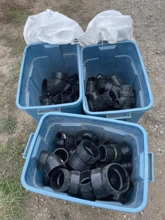 3 Blue Bins & 2 White Bags Of Various Plastic