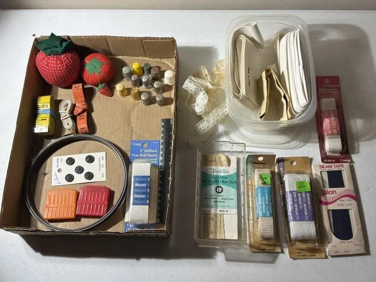 Needle Cushions, Measuring Tape, Thimbles, Hoop,