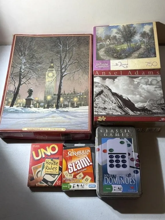 Puzzles, Games- UNO, Scrabble, Dominoes