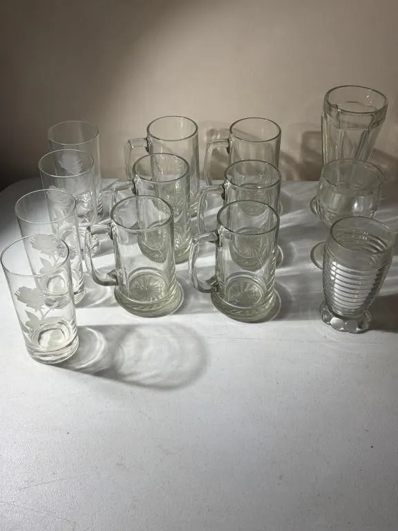 Glassware- 4 Etched Rose Glasses, 6 Mugs, Sundae,