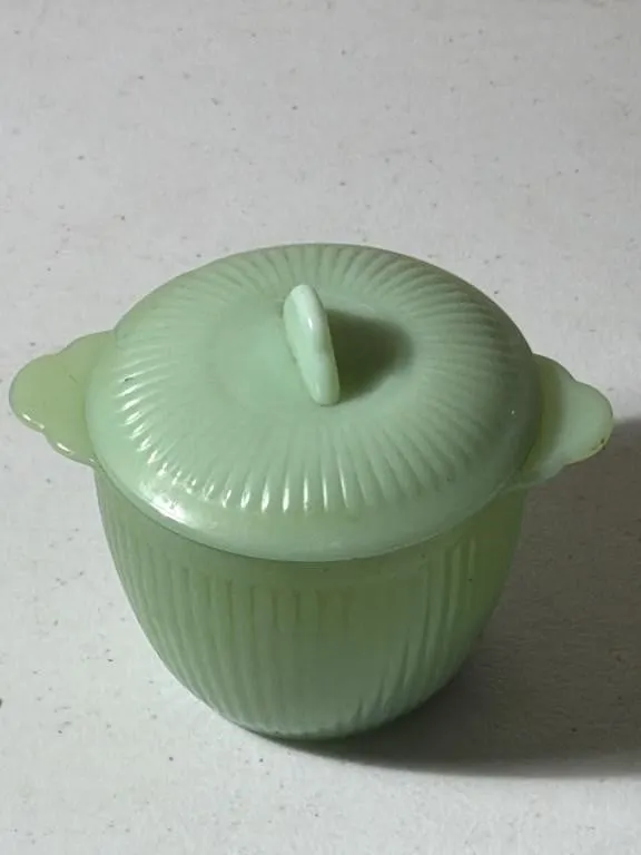 Fire-King Jadeite Jane Ray covered sugar bowl