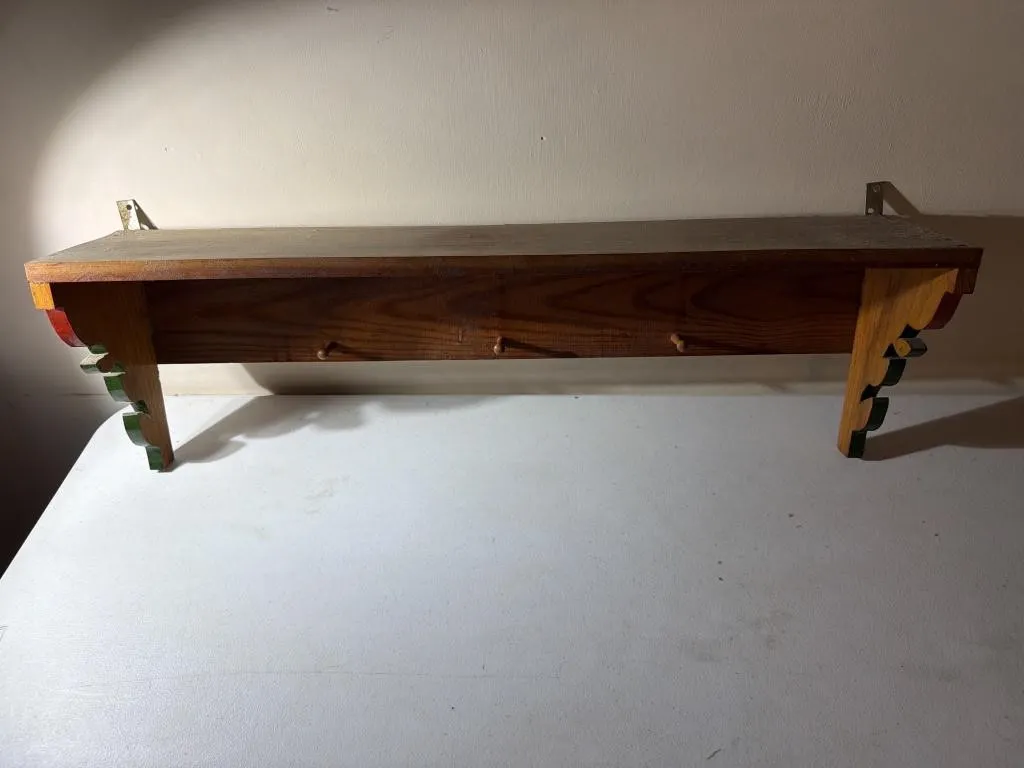 Wood Wall Shelf Ornate Flowers Painted 31x7x10.5
