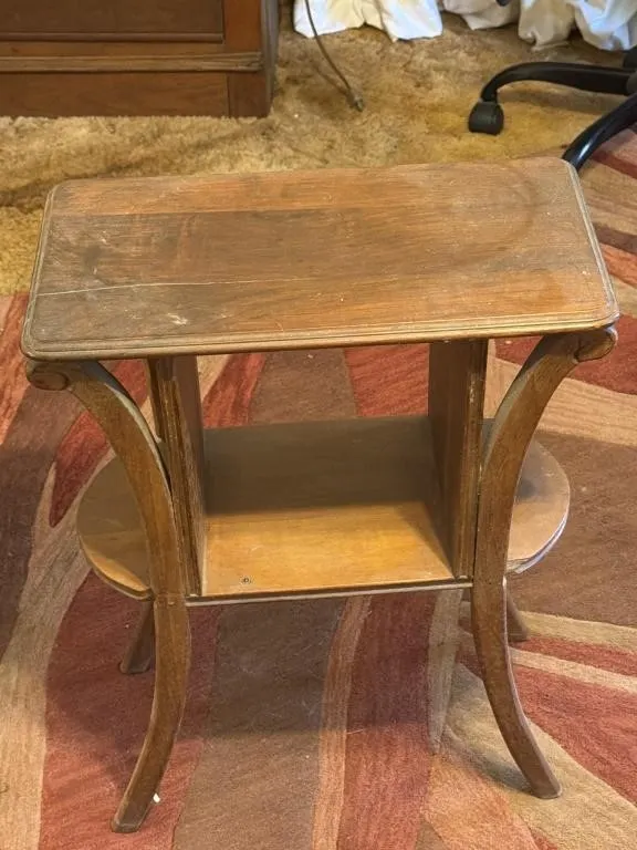 wooden two-tier side table, curved legs, open