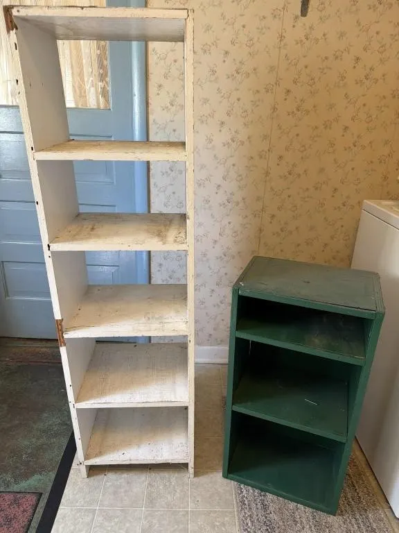 2- Wooden Shelves- White 16x13x56, Green 16x11x30