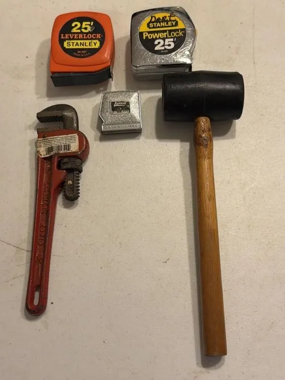 Rubber Mallet, Pipe Wrench, Stanley 25� Tape