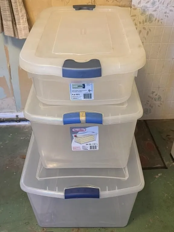 3- Clear Totes with Lids- 31 Qt, 64 Qt, 105 Qt