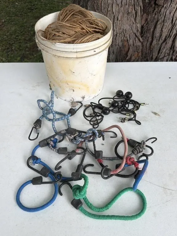 Bucket of Twine, Bungee Straps,