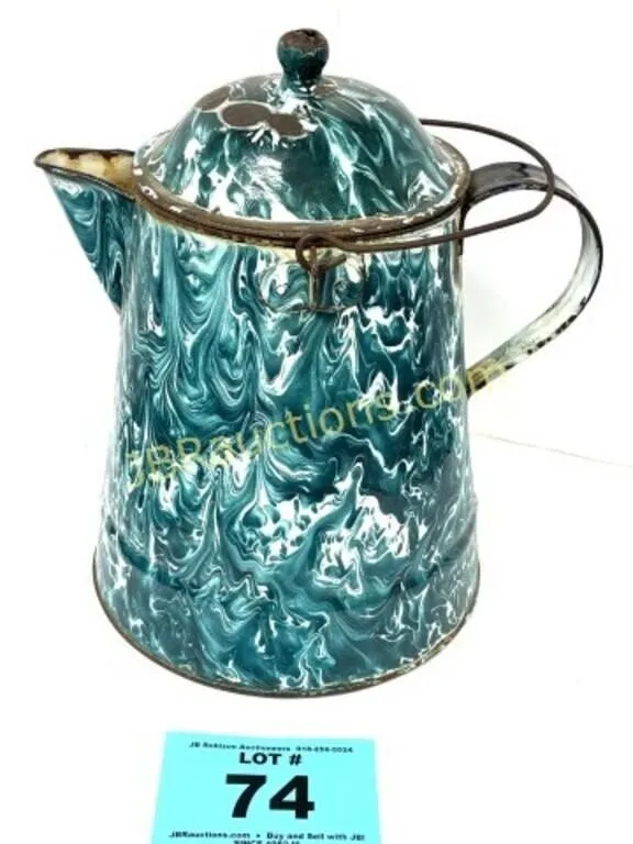 LARGE EMAMELED COFFEE POT GREEN SWIRL