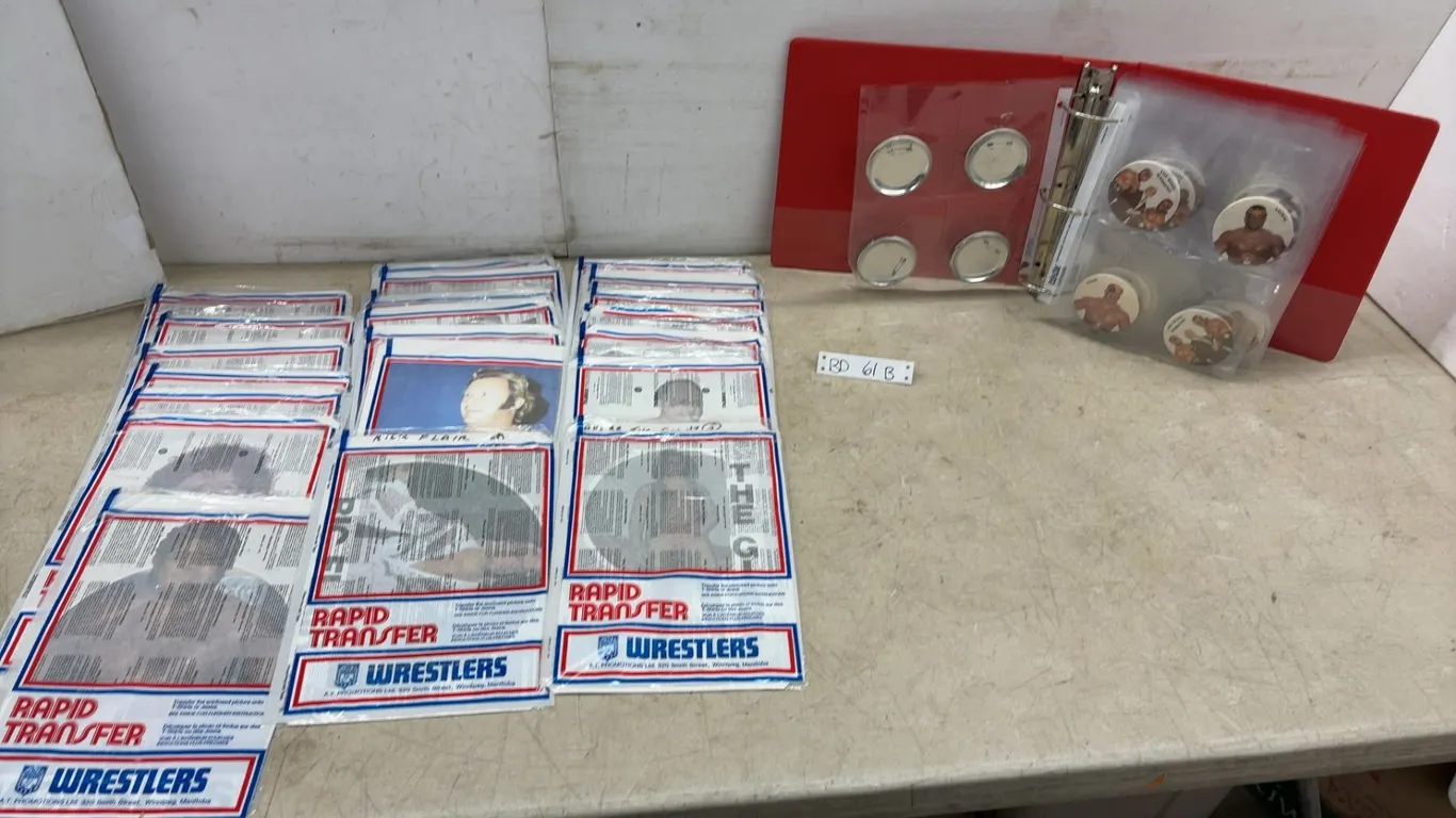 Vintage AWA Wrestling Iron- On Transfers, Mad Dog, Wahoo, Flair and More With Large Lot of Road