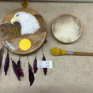 Vintage First Nations Hand Painted, Feathered, Raw Hide Ceremonial Drum and Mallet 12” Diameter