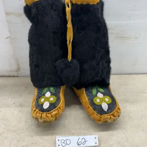 First Nations Cree Buckskin/ Real Fur Mukluks With Cozy Inner Lining, 10.5” Heel to Toe