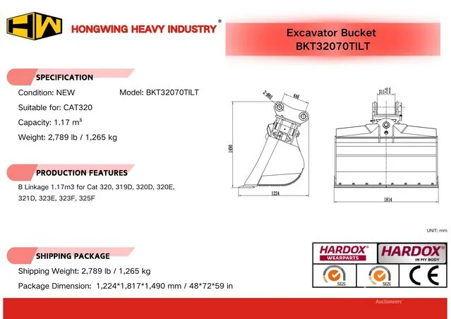 2026 HW BKT32070TILT 70 in 1.17 m3 Hydraulic Tilting Excavator Bucket - Fits Cat 320 (Unused)
