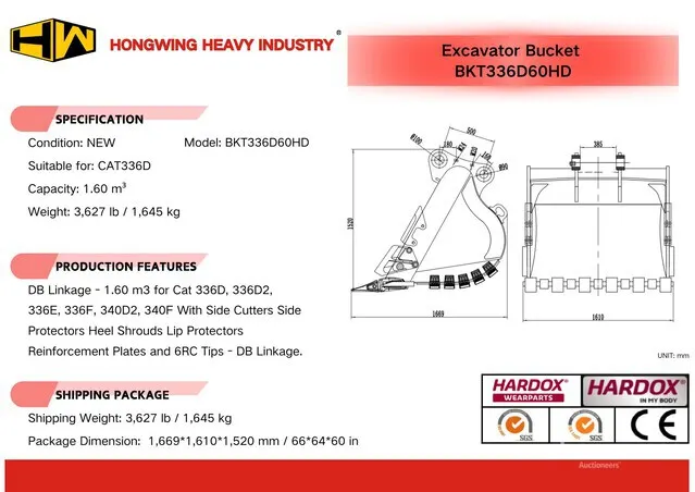 2026 HW BKT336D60HD 60 in 1.60 m3 Digging Excavator Bucket - Fits Cat 336D (Unused)