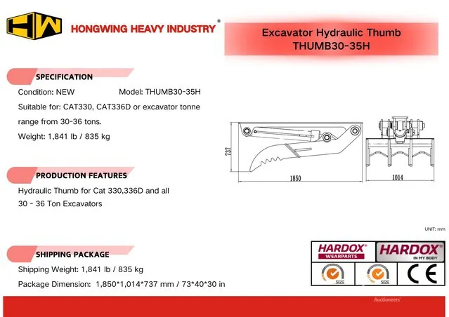 2026 HW THUMB30-35H 39 in Hydraulic Excavator Thumb - Fits Cat 330, 336D / 30 - 36 ton (Unused)