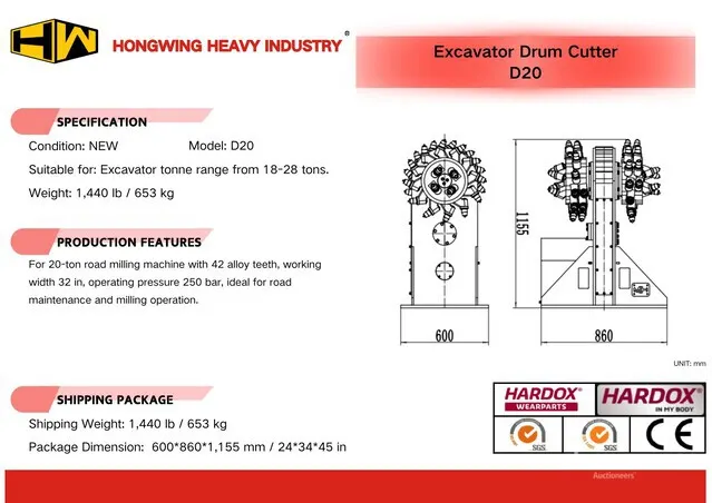 2026 HW D20 31 in Excavator Drum Cutter - Fits 18 - 28 ton (Unused)