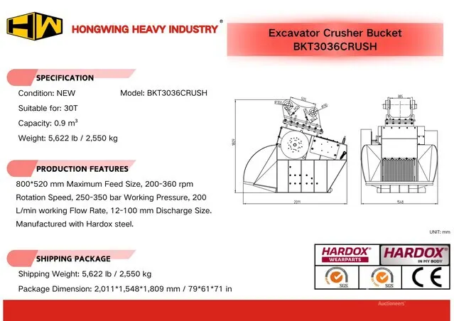 2026 HW BKT3036CRUSH 36 in 0.9 m3 Excavator Crusher Bucket - Fits 30 ton (Unused)