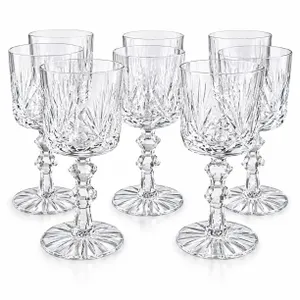 7 Cut Crystal Wine Glasses with Faceted Stems and Starburst Bases