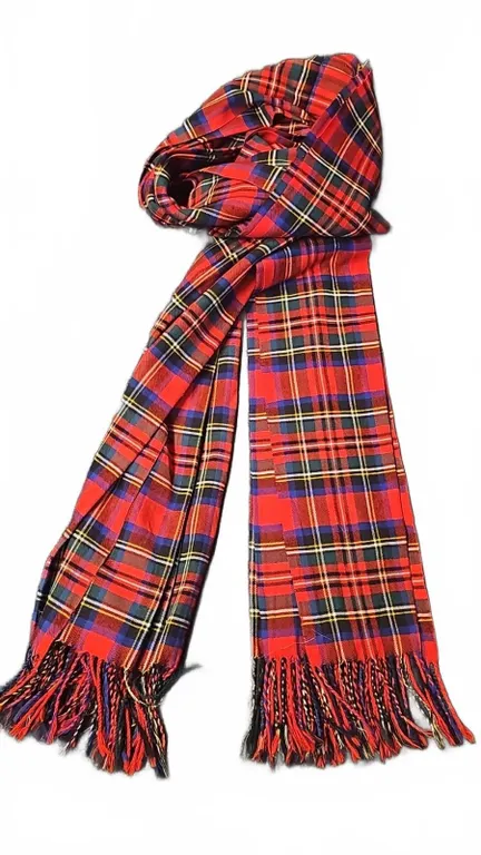Red and Blue Tartan Plaid Scarf with Fringe