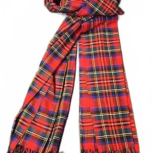 Red and Blue Tartan Plaid Scarf with Fringe