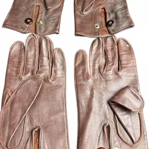 Brown Leather Gloves with Red Button Detail and Yellow Wool Lining
