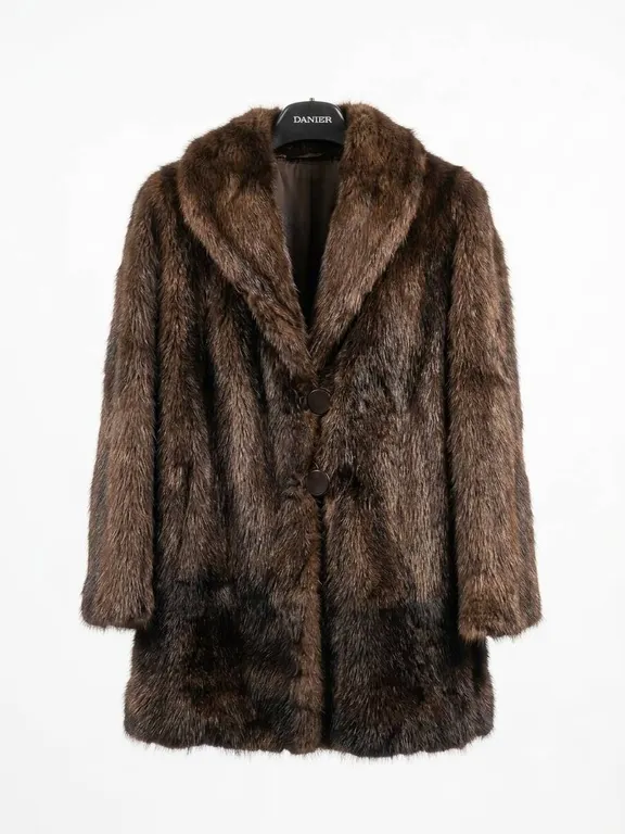 Danier Brown Fur Coat with Notched Collar and Two-Button Closure