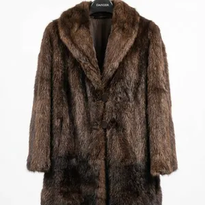 Danier Brown Real Fur Coat with Notched Collar and Two-Button Closure