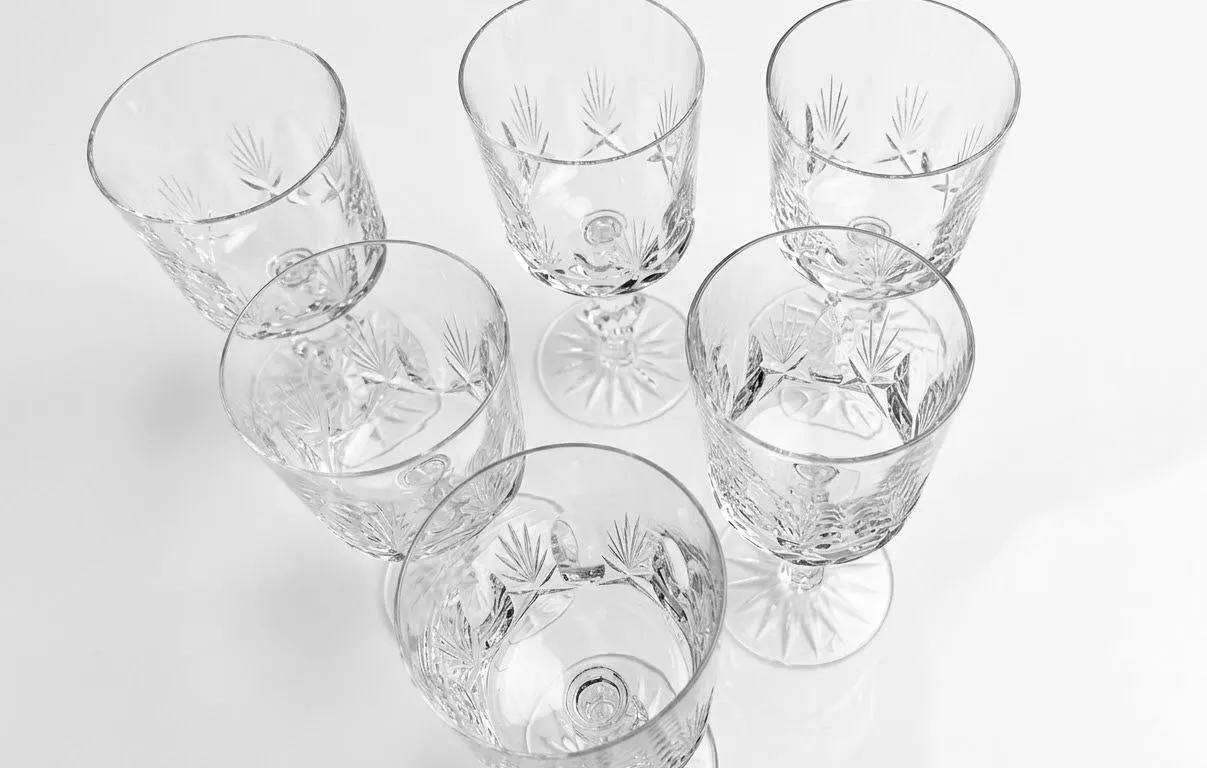 6 Cut Crystal Goblets with Starburst Pattern and Faceted Stems
