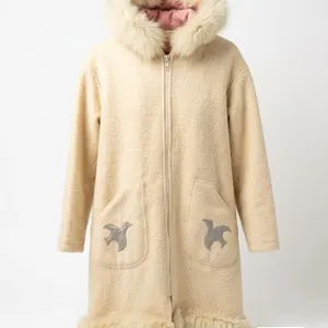 Ecru Hooded Coat with Faux Fur Trim and Decorative Pocket Appliqués